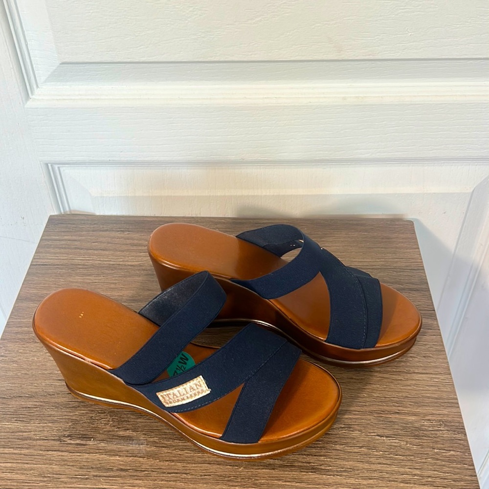 ITALIAN SHOEMAKERS MADE IN ITALY WOMEN WEDGES SANDALS IN NAVY BLUE SIZE 7.5W
